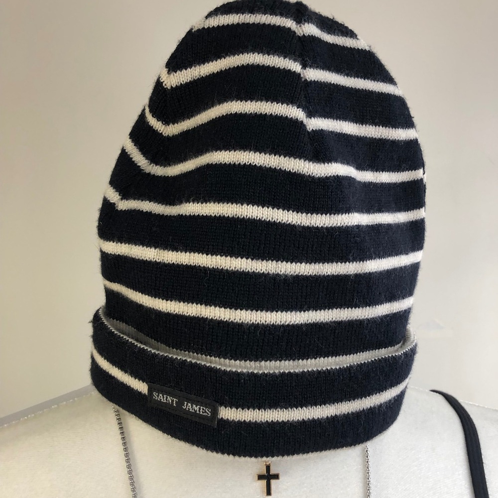 Saint James France Womens Black White Breton Striped Wool Blend Beanie Hat